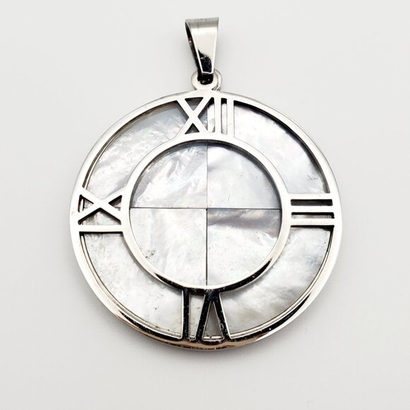 Steeltime Jewelry - Large Mother of Pearl Clock Silver Pendant Stainless Steel Roman Numerals Sleek